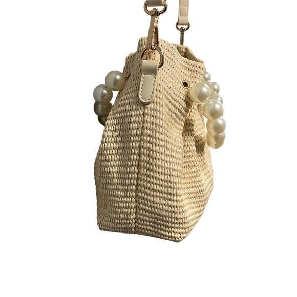Melie Bianco Josie Natural Small Straw Pearl Embellished Top Handle Bag - Picture 4 of 8